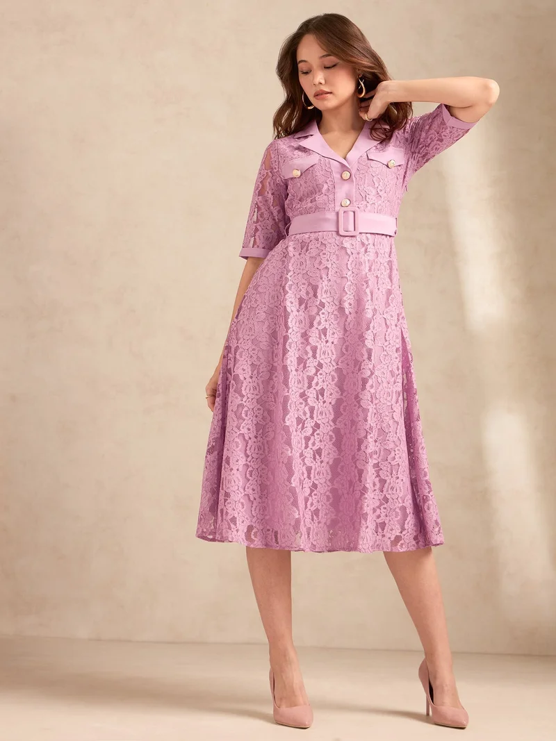 Lilac Lace Shirt Dress With Belt Detail